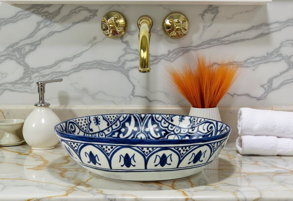 Handcrafted Moroccan Ceramic Oval Vessel Sink – Blue & White Artisan Bathroom Basin
