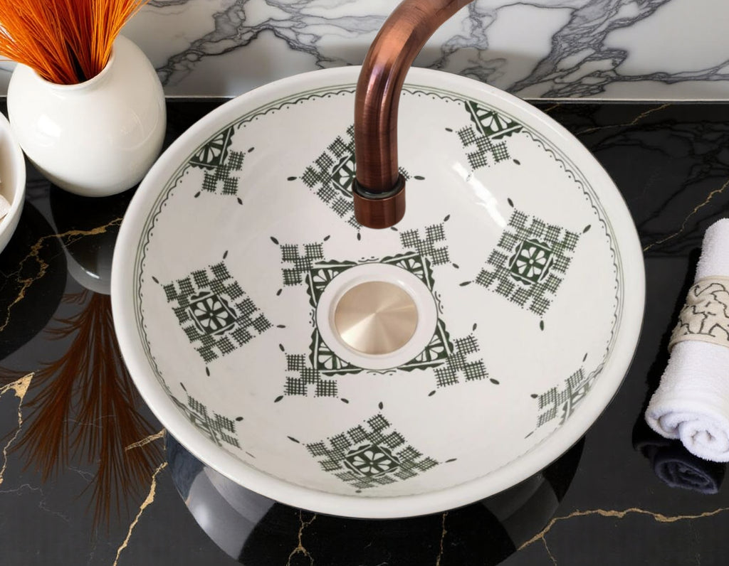Handcrafted Moroccan Ceramic Vessel Sink – Black & White Berber Amazigh Bathroom Basin | Artisan Tribal Wash Bowl