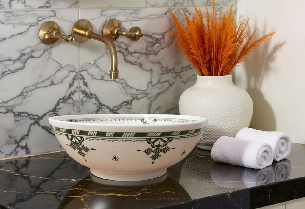 Handcrafted Moroccan Ceramic Vessel Sink – Black & White Berber Amazigh Bathroom Basin | Artisan Tribal Wash Bowl