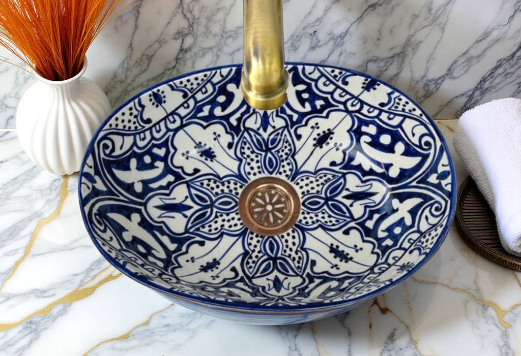 Handcrafted Moroccan Ceramic Oval Vessel Sink – Blue & White Artisan Bathroom Basin