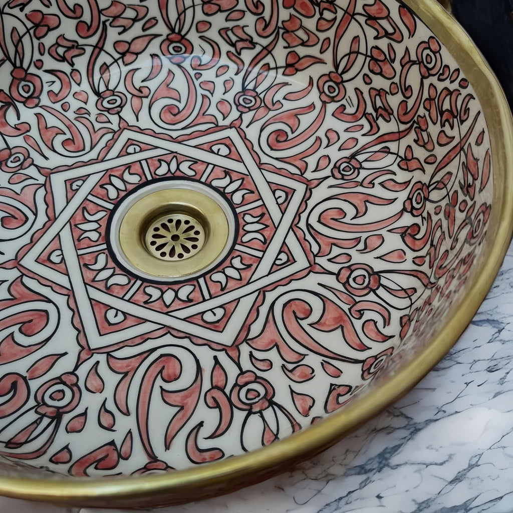 Handcrafted Moroccan Ceramic Vessel Sink – Blush Pink & Gold Floral Bathroom Basin | Luxury Hand-Painted Wash Bowl