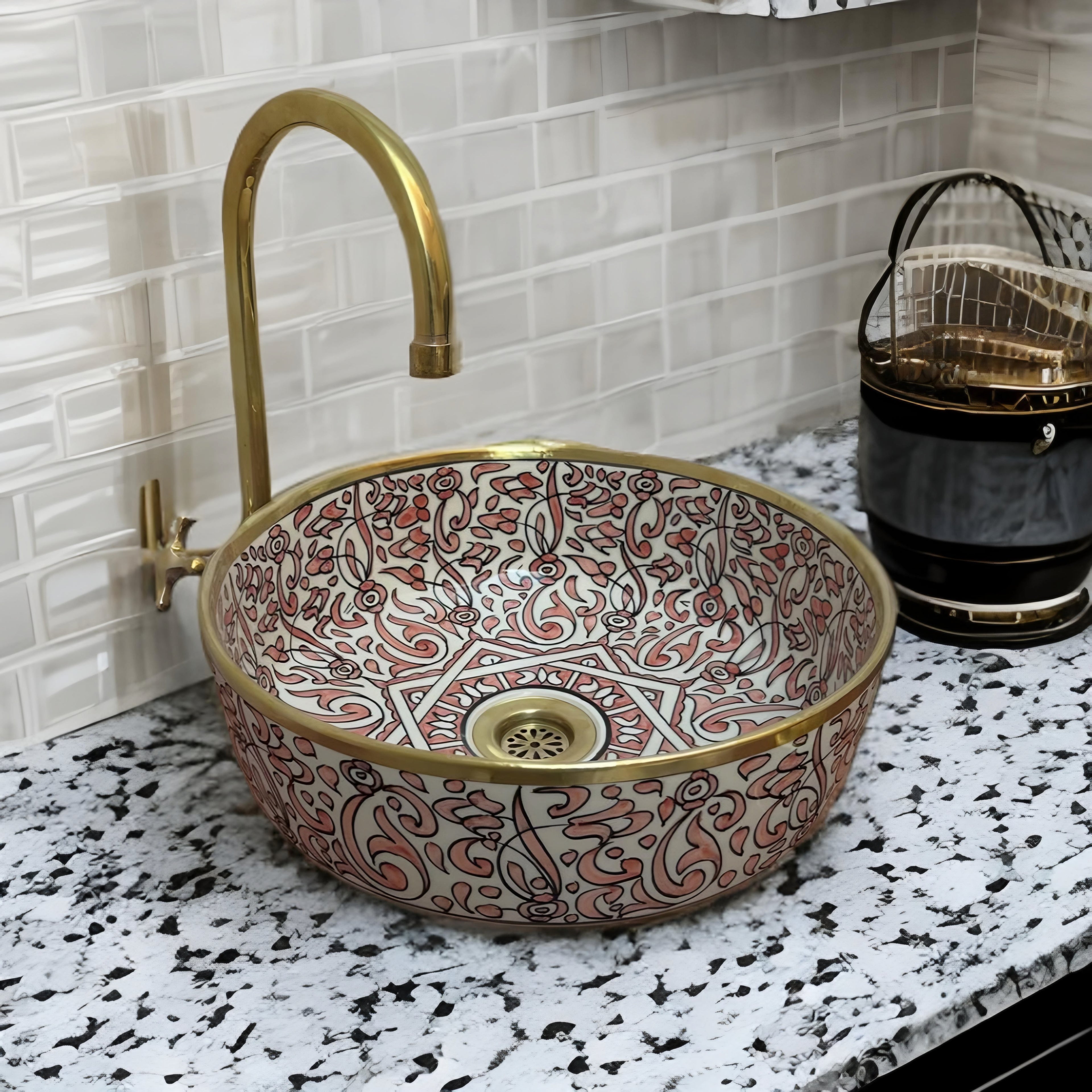 Handcrafted Moroccan Ceramic Vessel Sink – Blush Pink & Gold Floral Bathroom Basin | Luxury Hand-Painted Wash Bowl