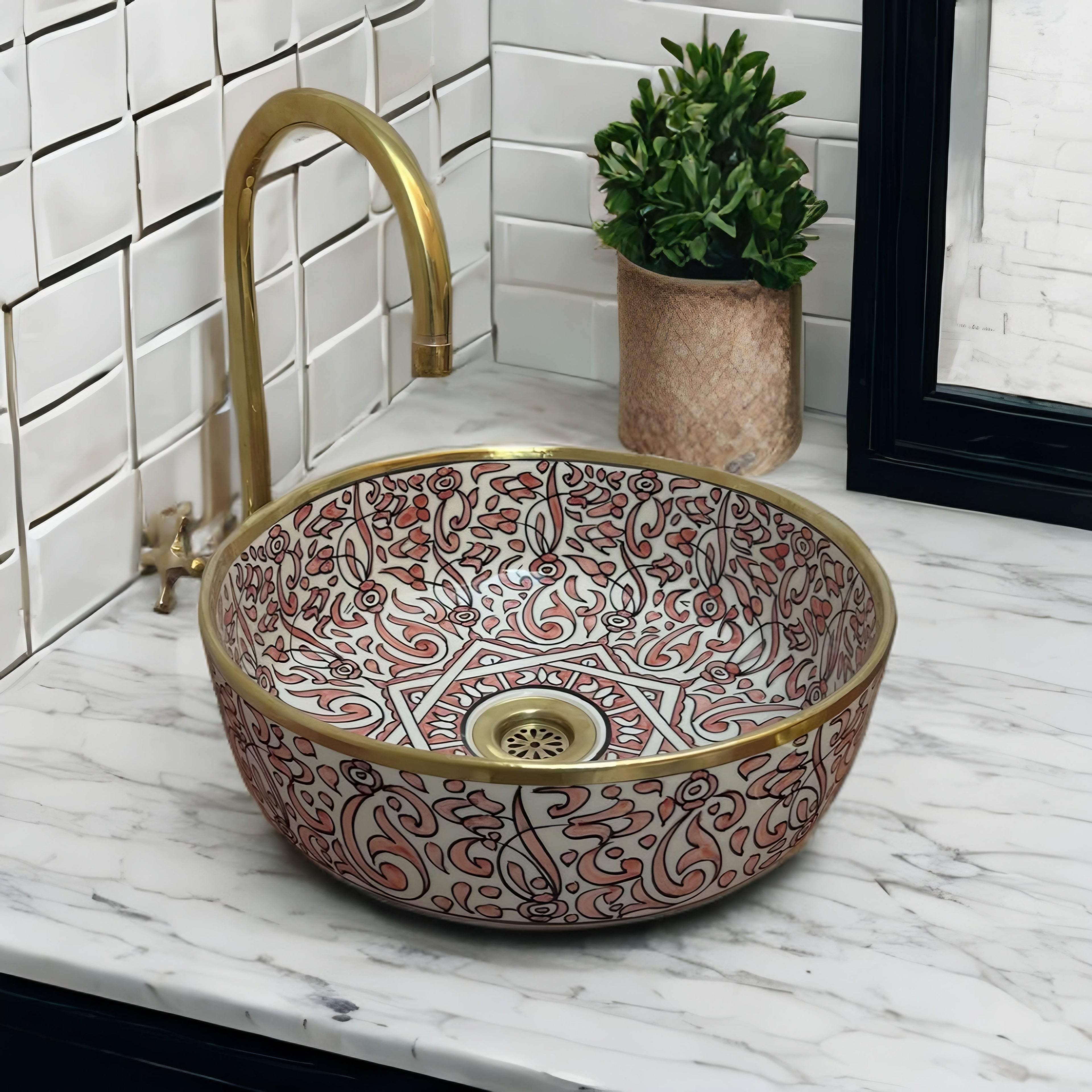 Handcrafted Moroccan Ceramic Vessel Sink – Blush Pink & Gold Floral Bathroom Basin | Luxury Hand-Painted Wash Bowl