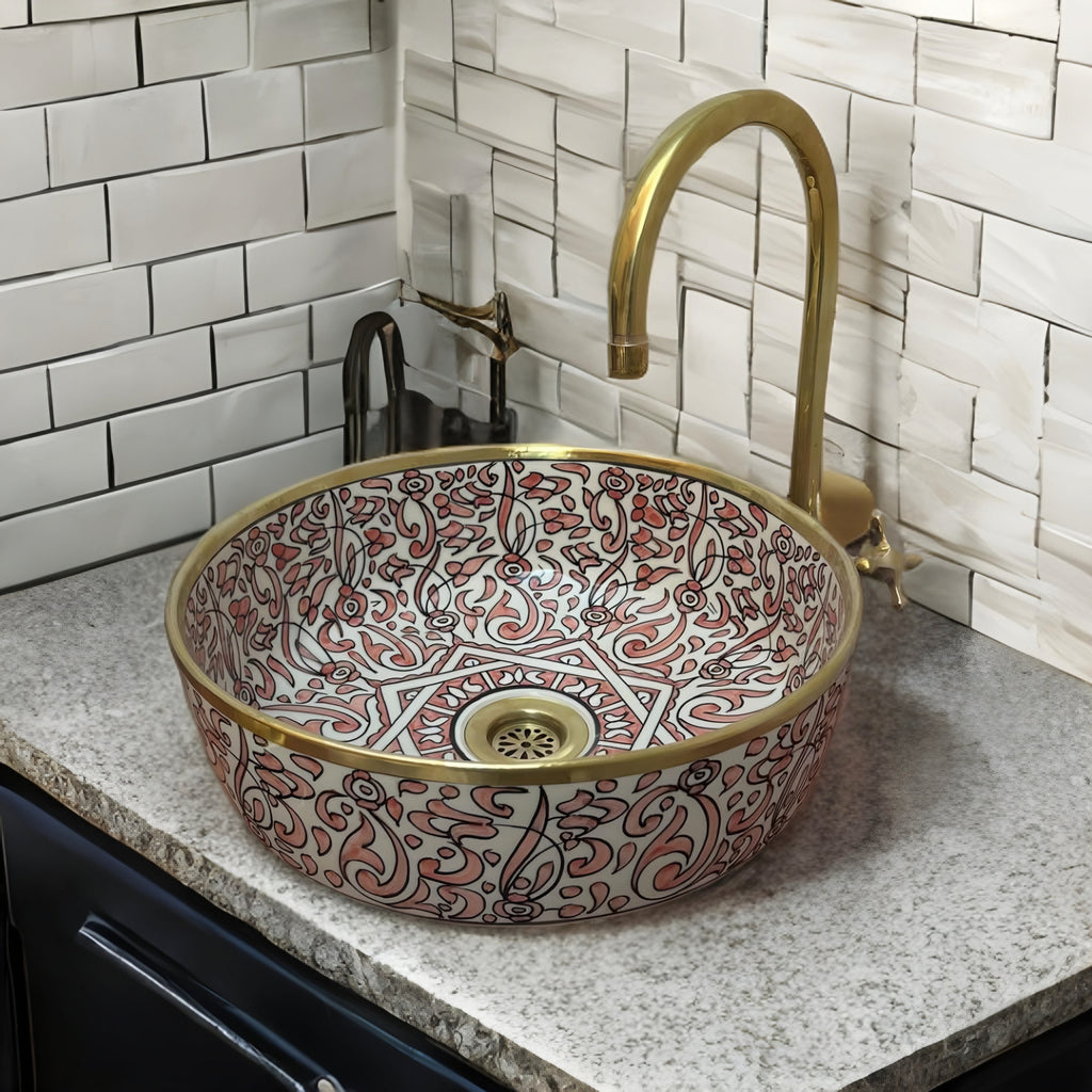 Handcrafted Moroccan Ceramic Vessel Sink – Blush Pink & Gold Floral Bathroom Basin | Luxury Hand-Painted Wash Bowl