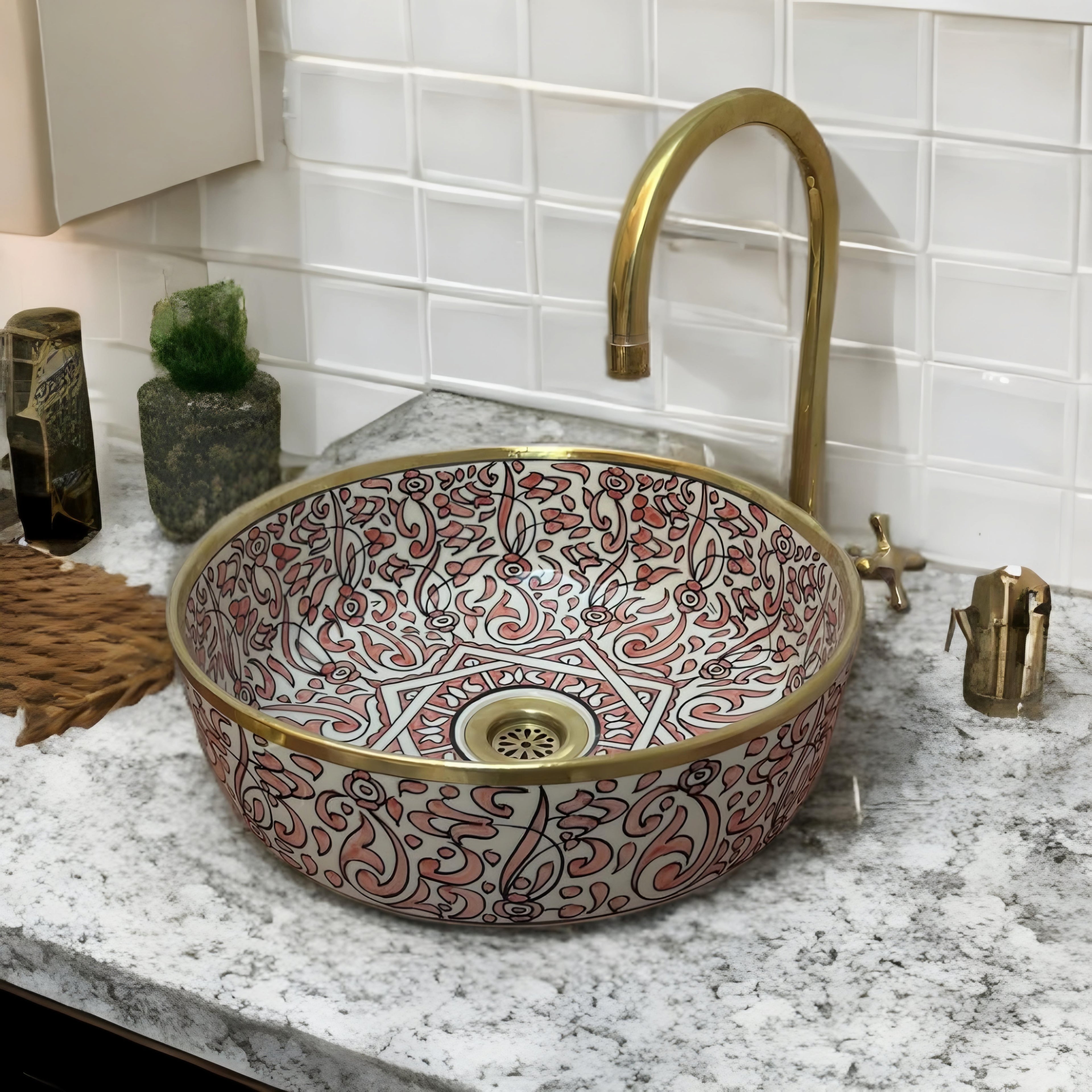 Handcrafted Moroccan Ceramic Vessel Sink – Blush Pink & Gold Floral Bathroom Basin | Luxury Hand-Painted Wash Bowl