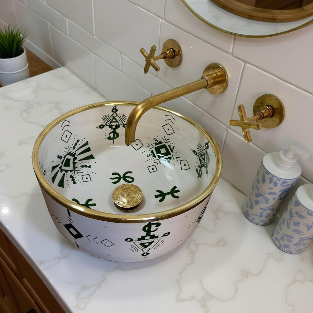 Handcrafted Berber Moroccan Ceramic Vessel Sink – Amazigh Symbols with Gold Rim