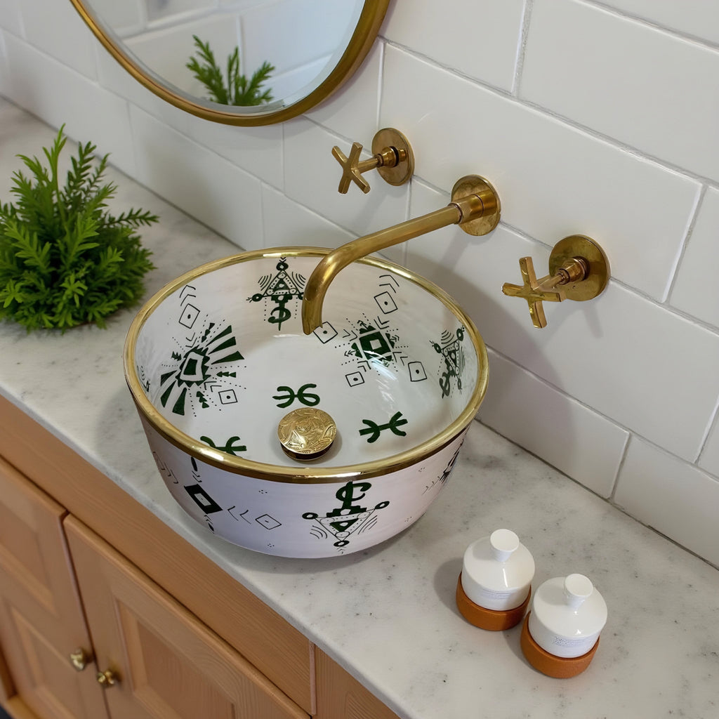 Handcrafted Berber Moroccan Ceramic Vessel Sink – Amazigh Symbols with Gold Rim
