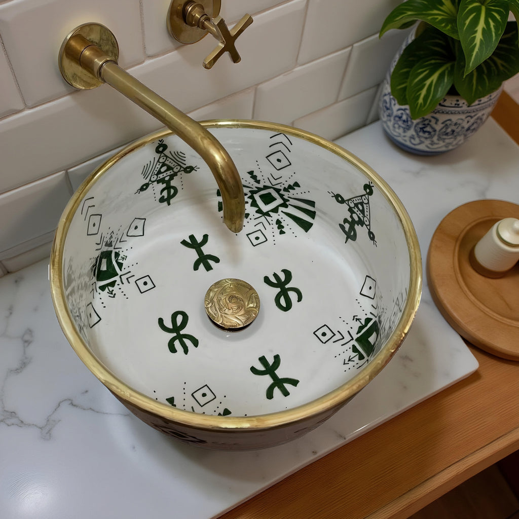 Handcrafted Berber Moroccan Ceramic Vessel Sink – Amazigh Symbols with Gold Rim