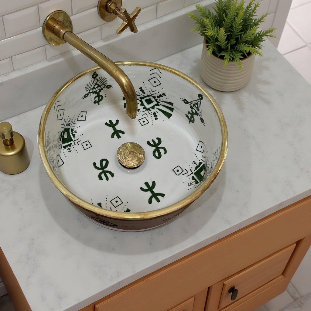 Handcrafted Berber Moroccan Ceramic Vessel Sink – Amazigh Symbols with Gold Rim