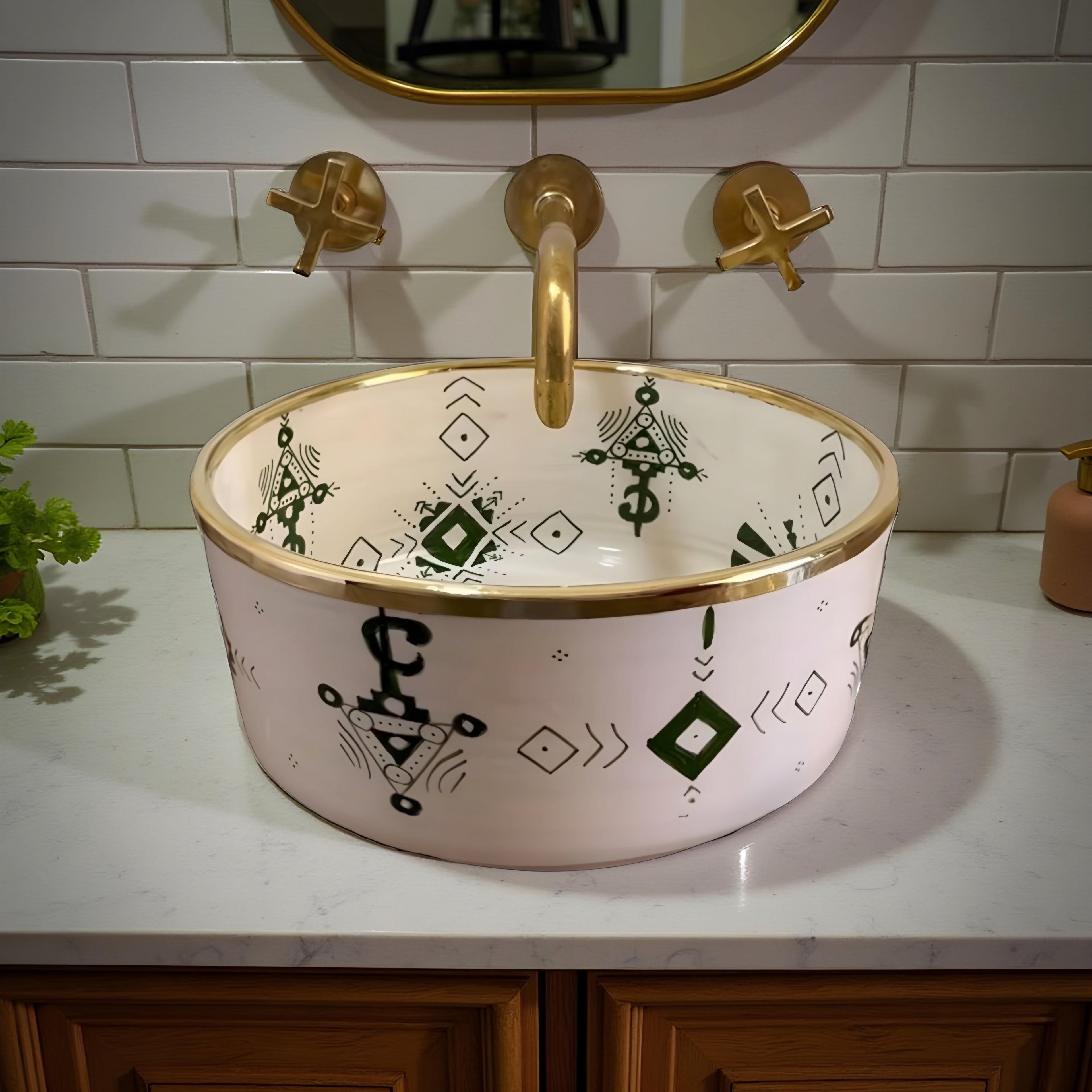 Handcrafted Berber Moroccan Ceramic Vessel Sink – Amazigh Symbols with Gold Rim