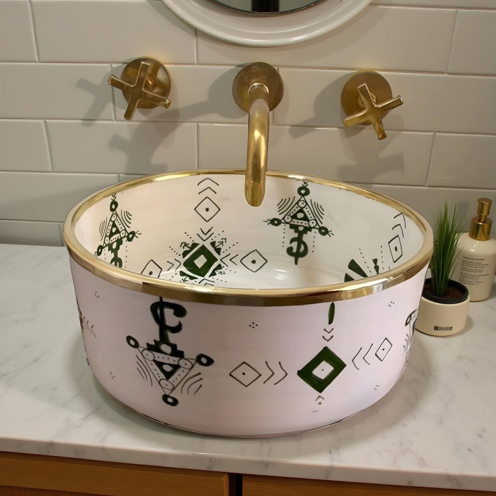 Handcrafted Berber Moroccan Ceramic Vessel Sink – Amazigh Symbols with Gold Rim
