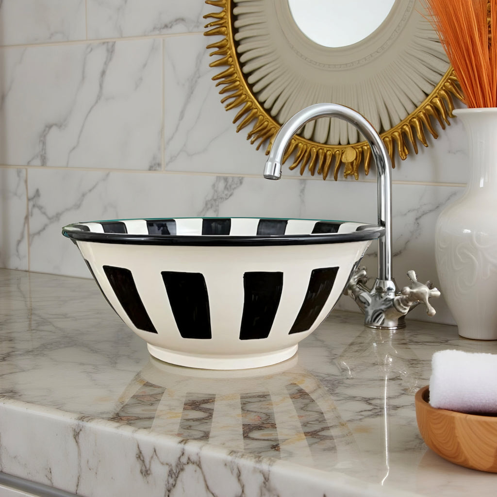 Handcrafted Moroccan Ceramic Vessel Sink – Black & White Striped Bathroom Basin