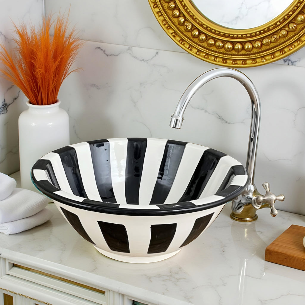 Handcrafted Moroccan Ceramic Vessel Sink – Black & White Striped Bathroom Basin