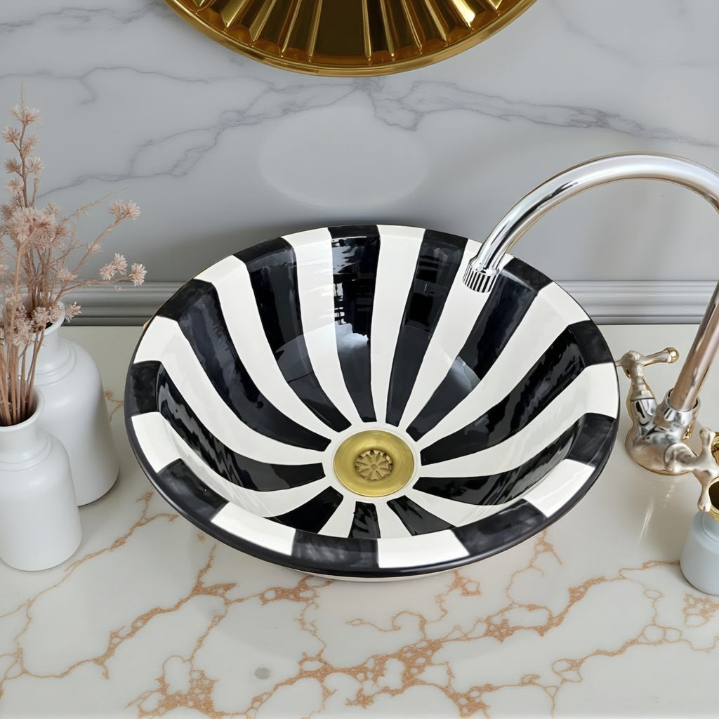 Handcrafted Moroccan Ceramic Vessel Sink – Black & White Striped Bathroom Basin