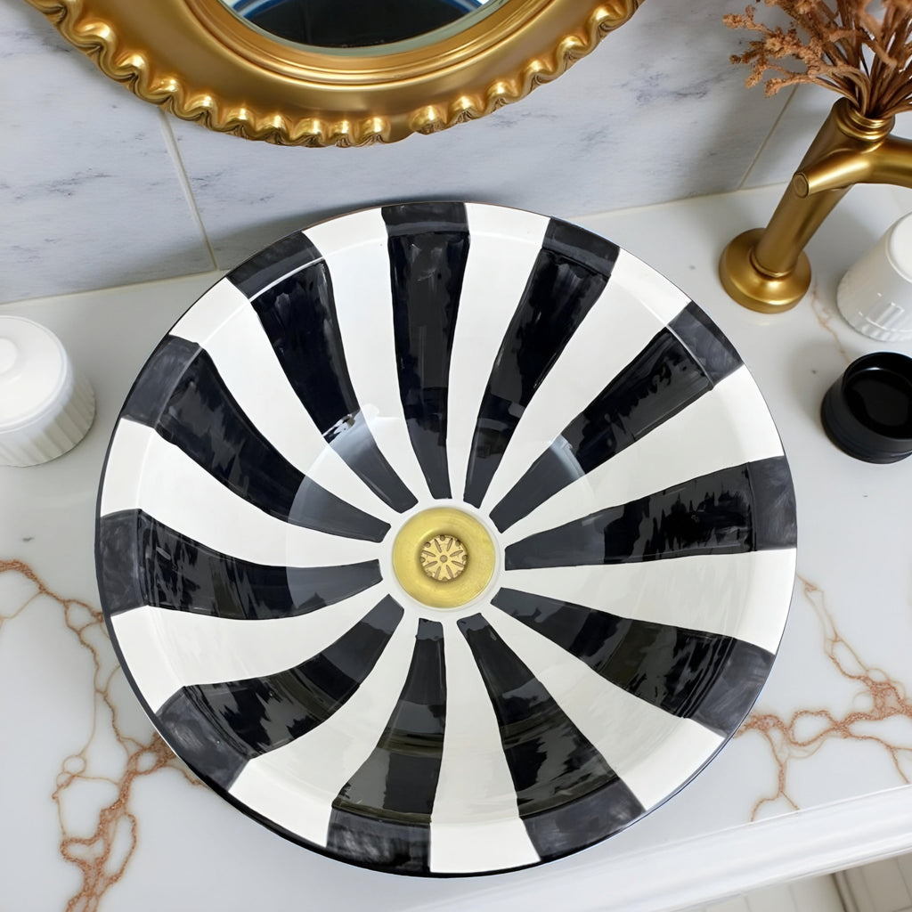Handcrafted Moroccan Ceramic Vessel Sink – Black & White Striped Bathroom Basin