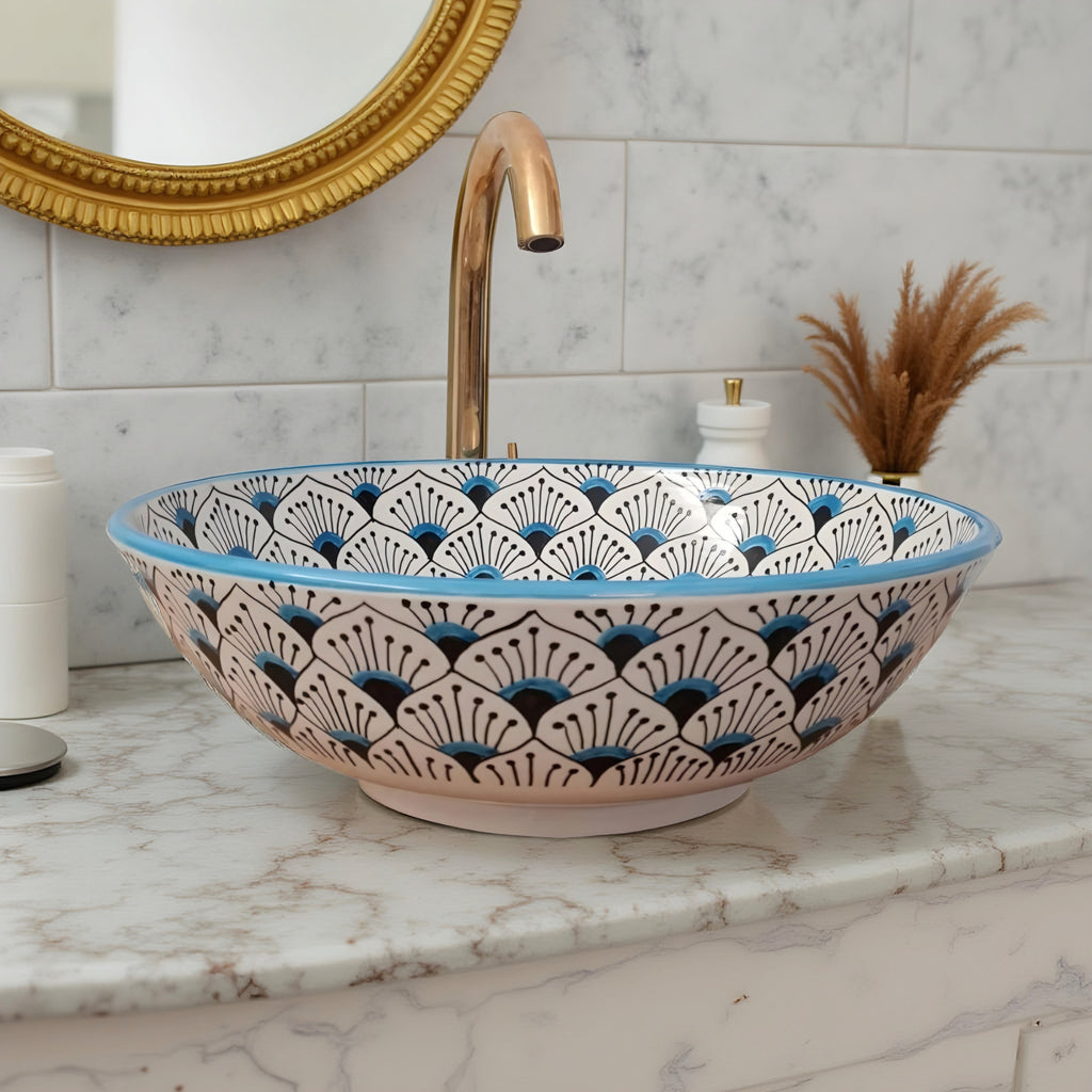 Handcrafted Moroccan Ceramic Vessel Sink – Blue & Beige Fan Pattern Bathroom Basin