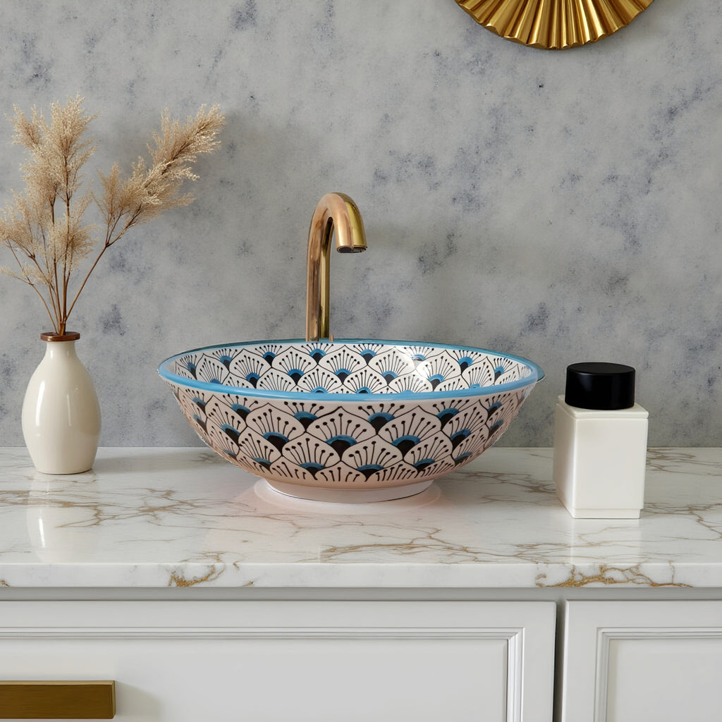 Handcrafted Moroccan Ceramic Vessel Sink – Blue & Beige Fan Pattern Bathroom Basin