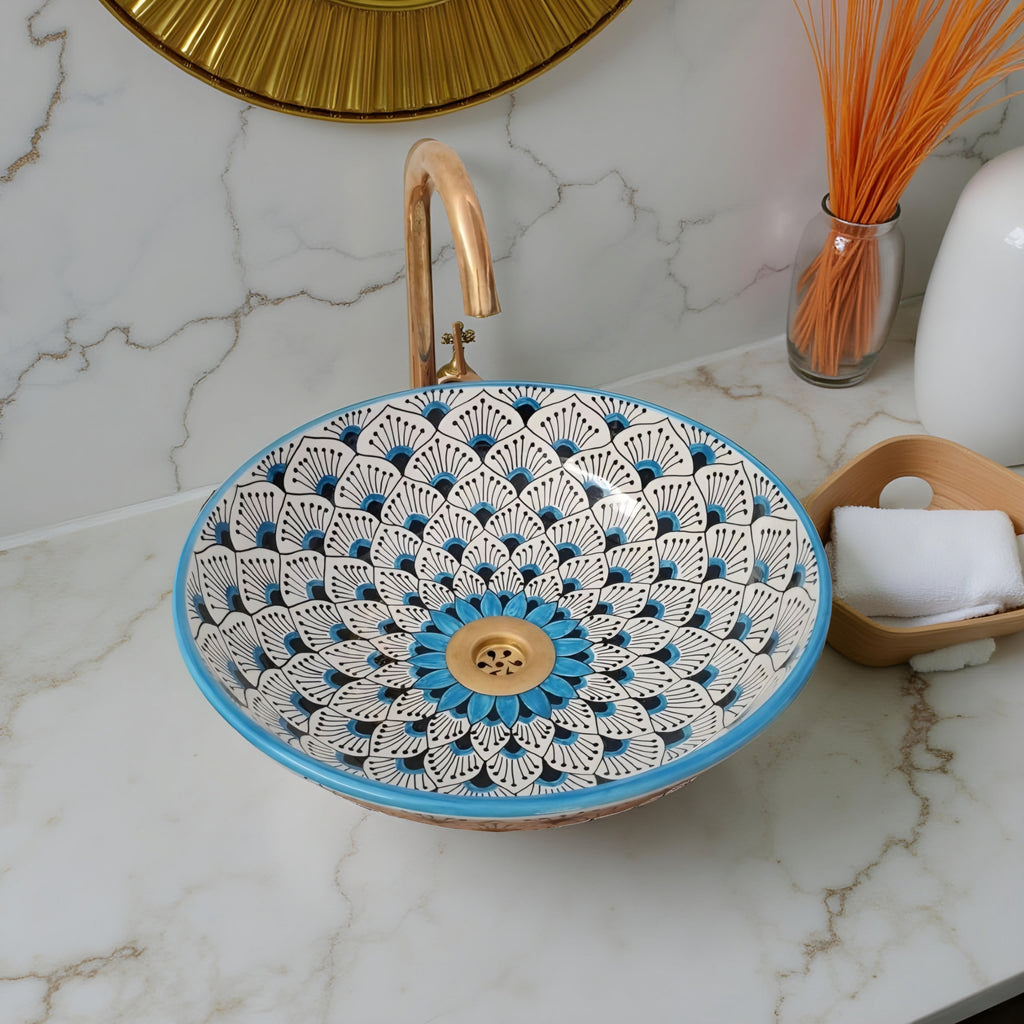 Handcrafted Moroccan Ceramic Vessel Sink – Blue & Beige Fan Pattern Bathroom Basin