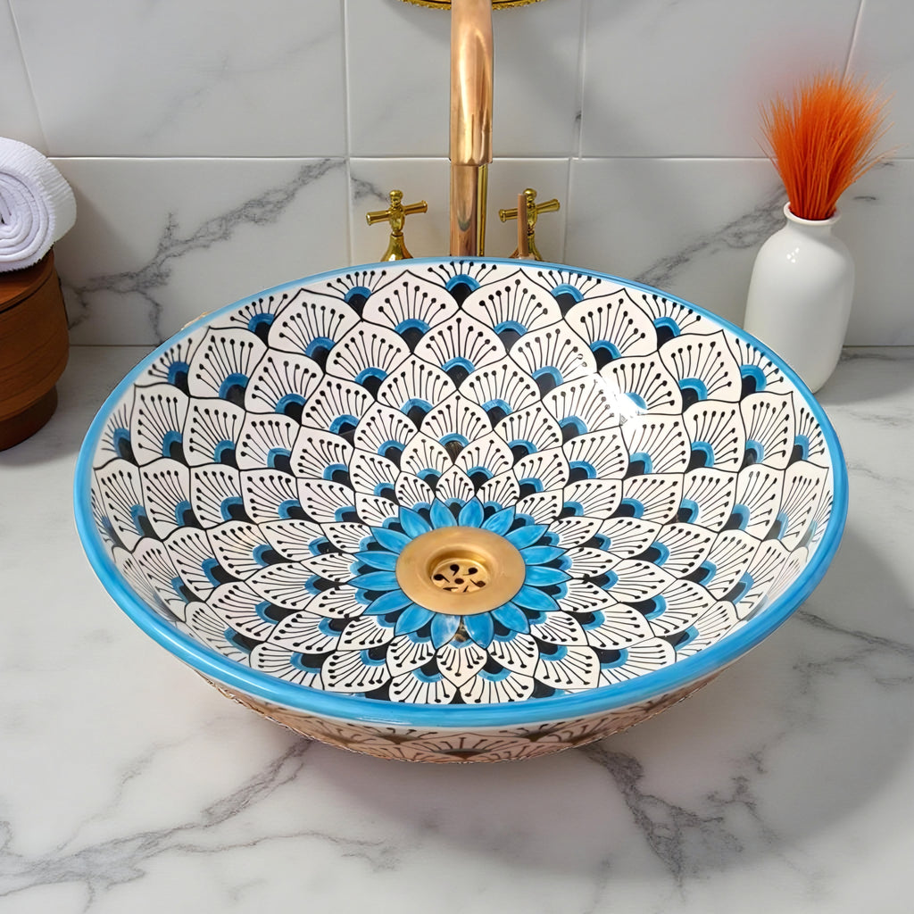 Handcrafted Moroccan Ceramic Vessel Sink – Blue & Beige Fan Pattern Bathroom Basin