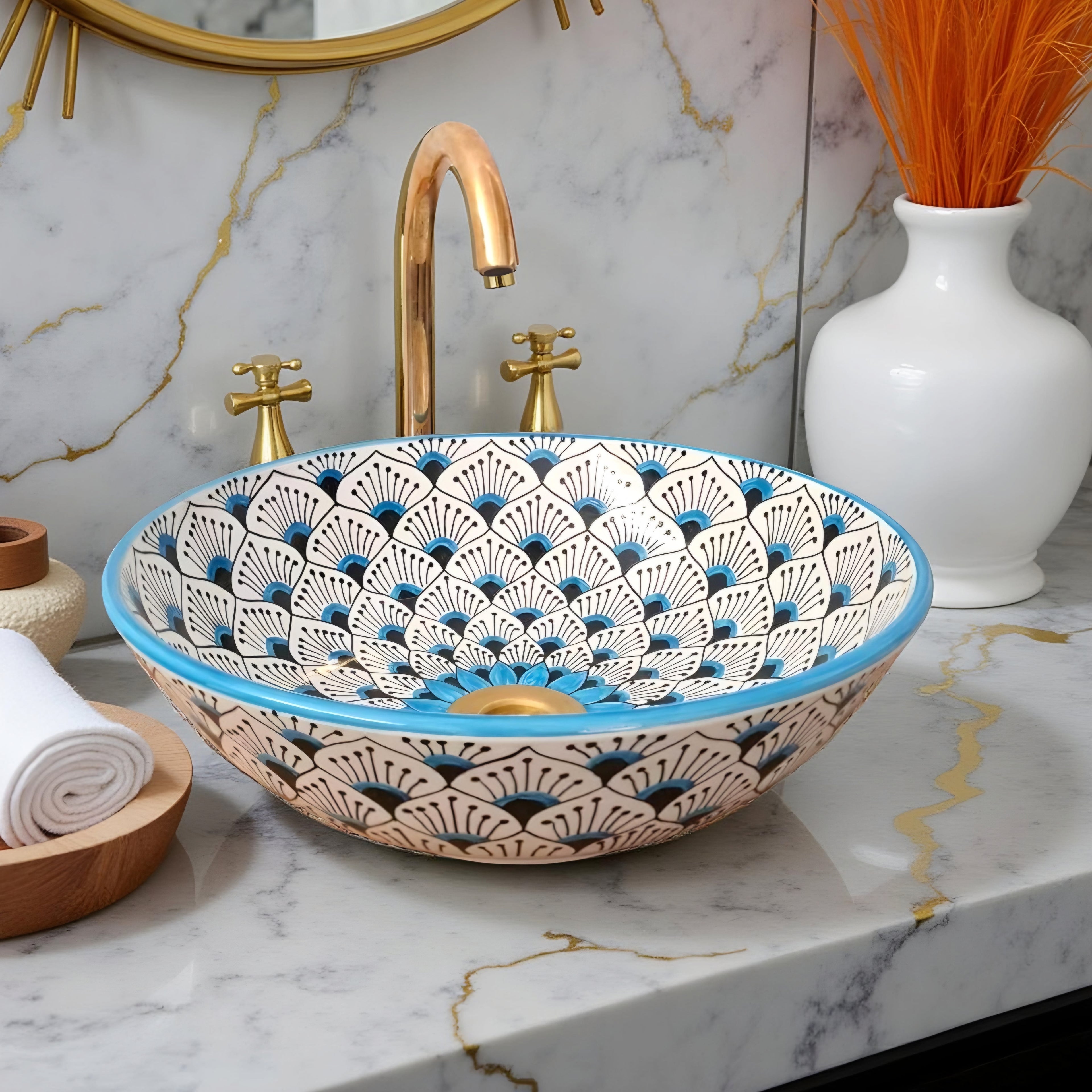 Handcrafted Moroccan Ceramic Vessel Sink – Blue & Beige Fan Pattern Bathroom Basin