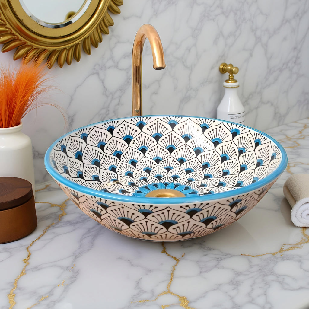 Handcrafted Moroccan Ceramic Vessel Sink – Blue & Beige Fan Pattern Bathroom Basin