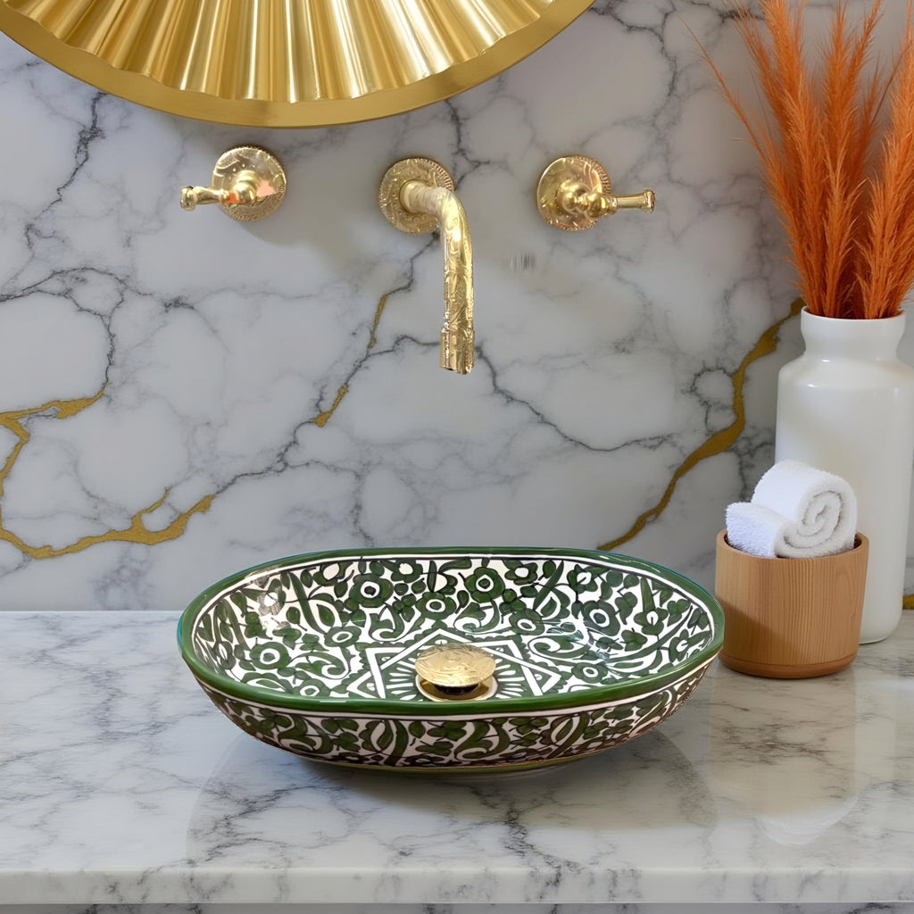 Handcrafted Moroccan Ceramic Vessel Sink – Green & White Floral Bathroom Basin | Artisan Hand-Painted Wash Bowl