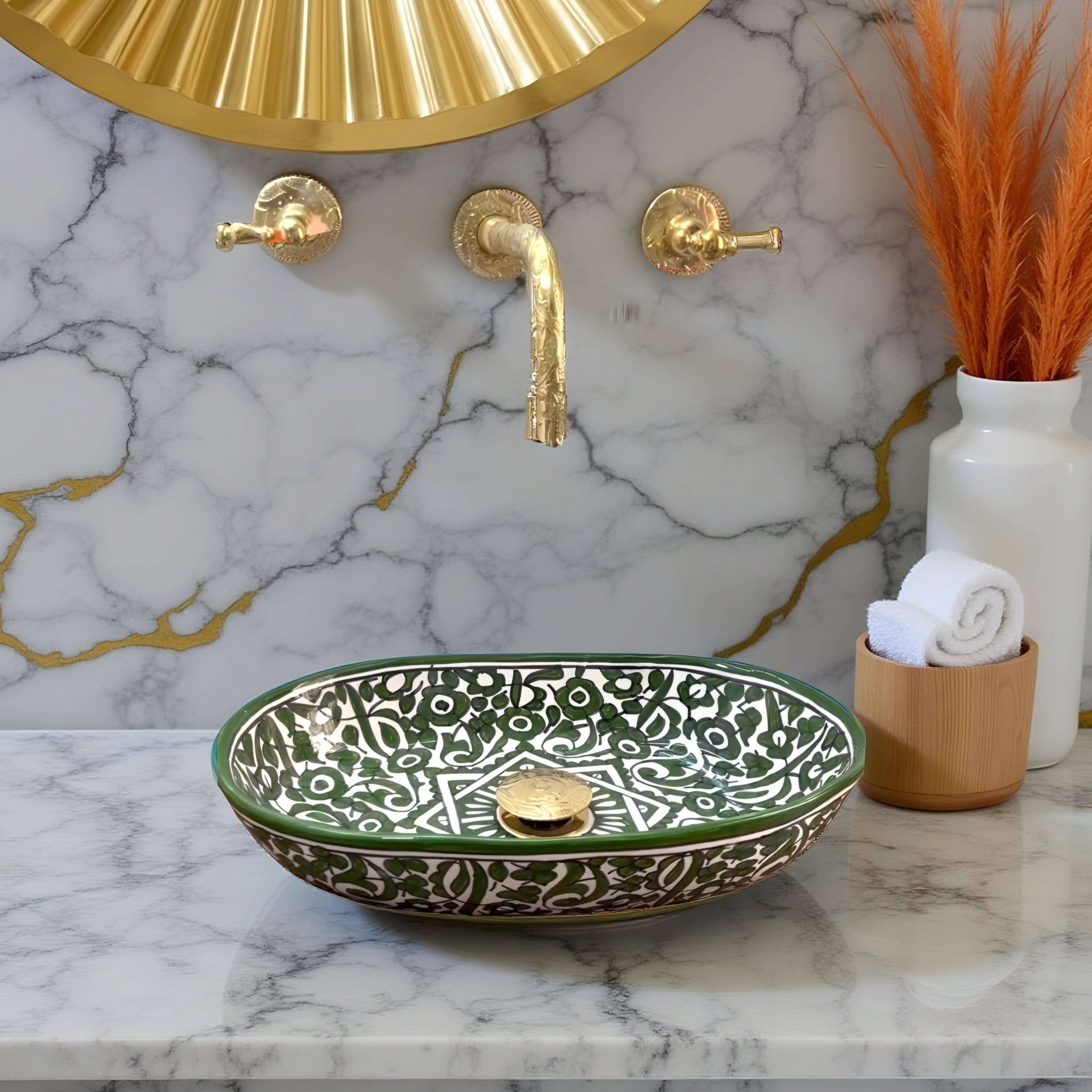 Handcrafted Moroccan Ceramic Vessel Sink – Green & White Floral Bathroom Basin | Artisan Hand-Painted Wash Bowl