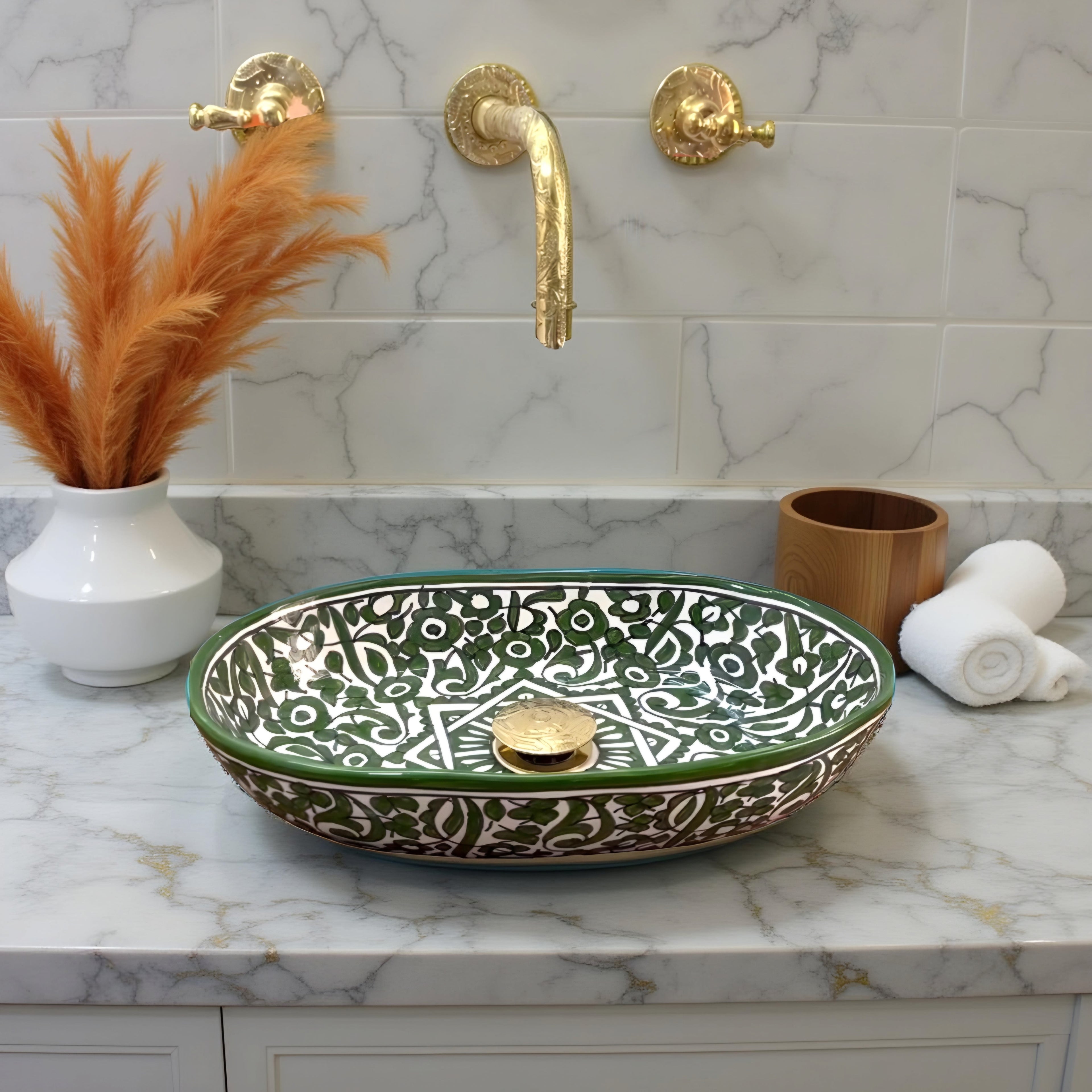 Handcrafted Moroccan Ceramic Vessel Sink – Green & White Floral Bathroom Basin | Artisan Hand-Painted Wash Bowl