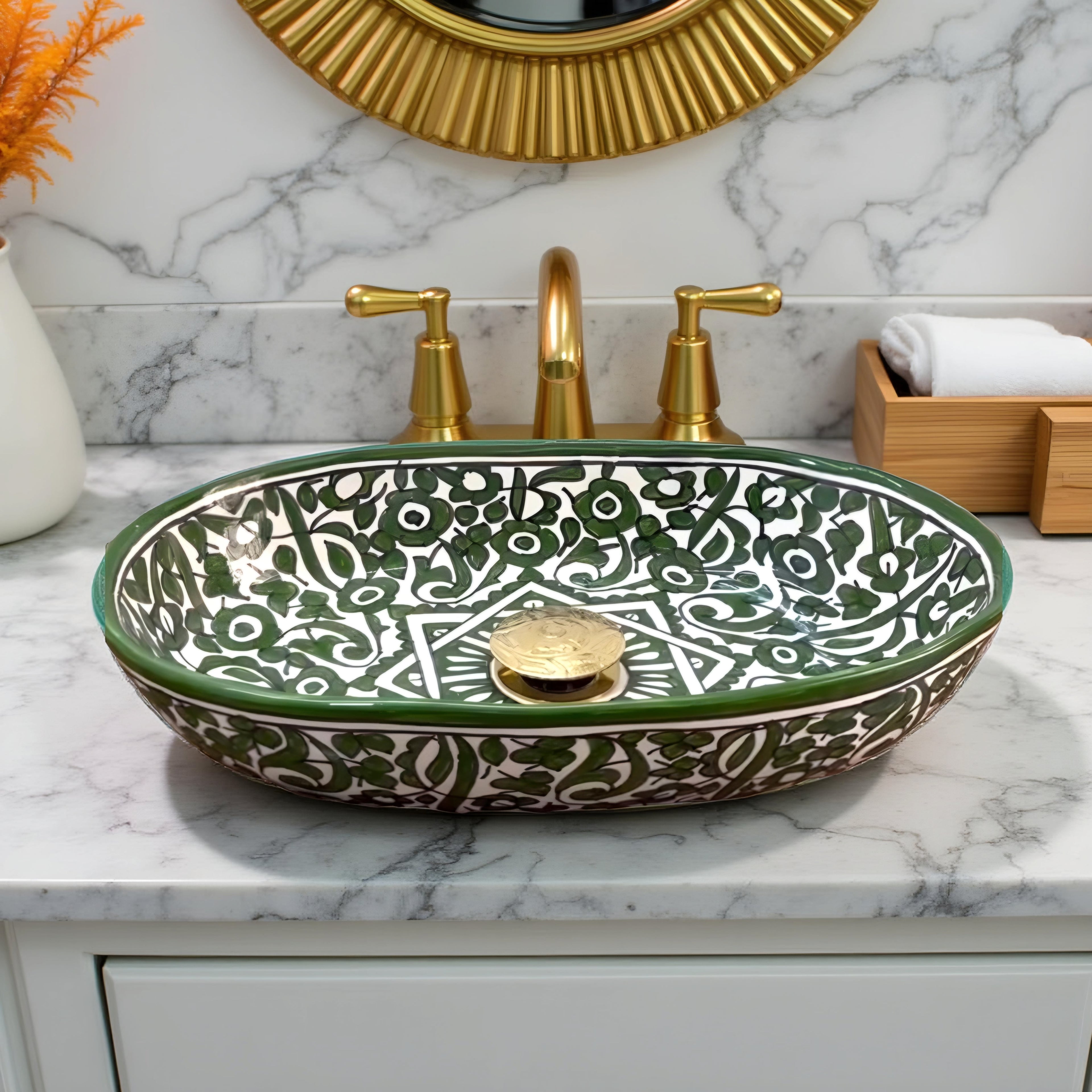Handcrafted Moroccan Ceramic Vessel Sink – Green & White Floral Bathroom Basin | Artisan Hand-Painted Wash Bowl