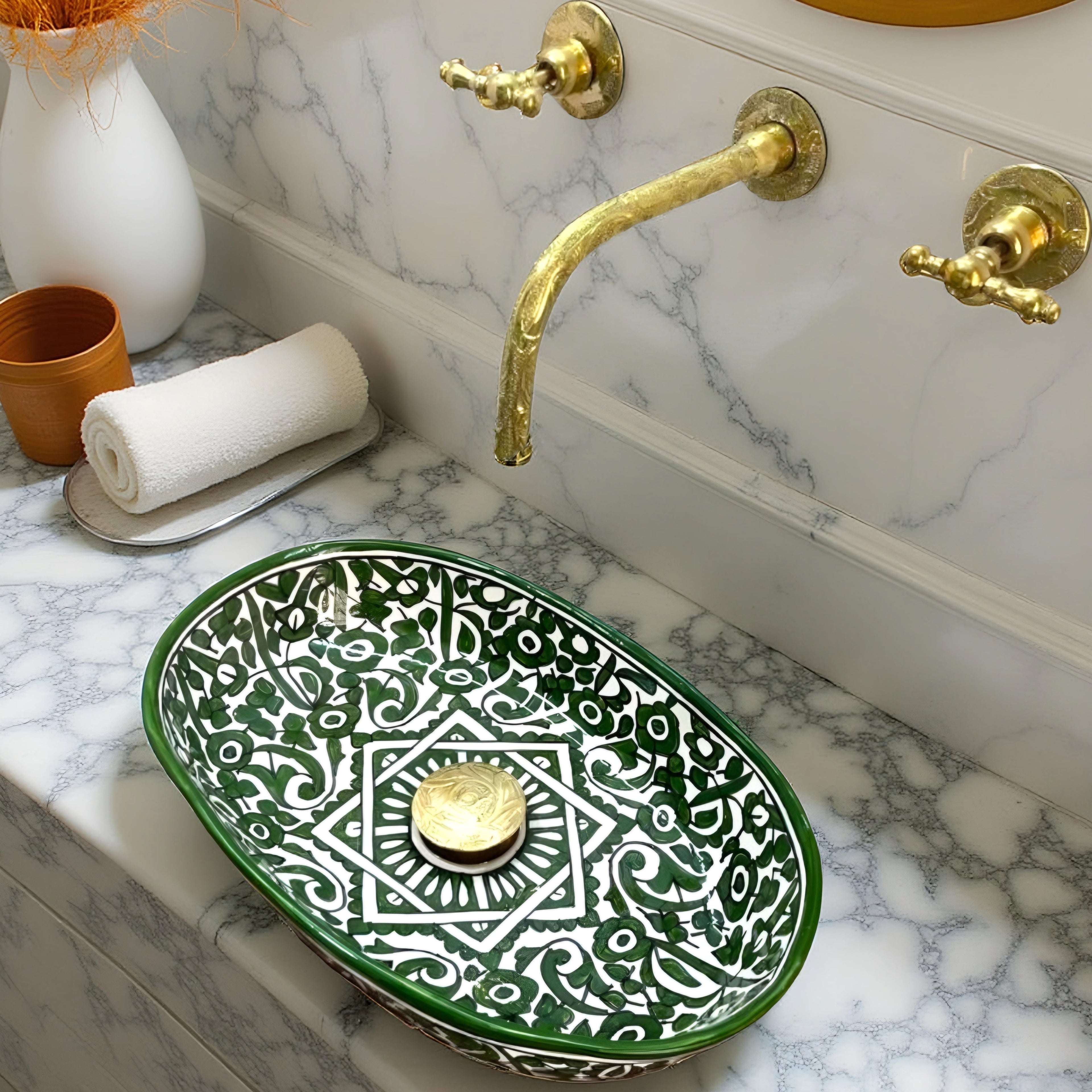 Handcrafted Moroccan Ceramic Vessel Sink – Green & White Floral Bathroom Basin | Artisan Hand-Painted Wash Bowl
