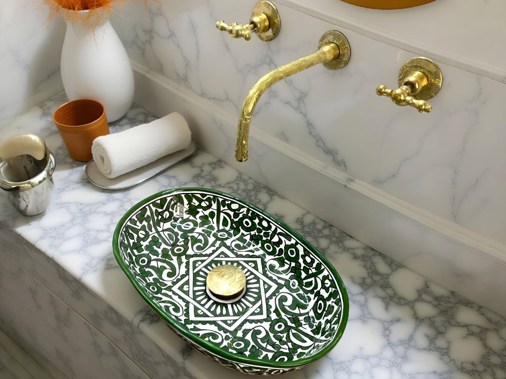 Handcrafted Moroccan Ceramic Vessel Sink – Green & White Floral Bathroom Basin | Artisan Hand-Painted Wash Bowl