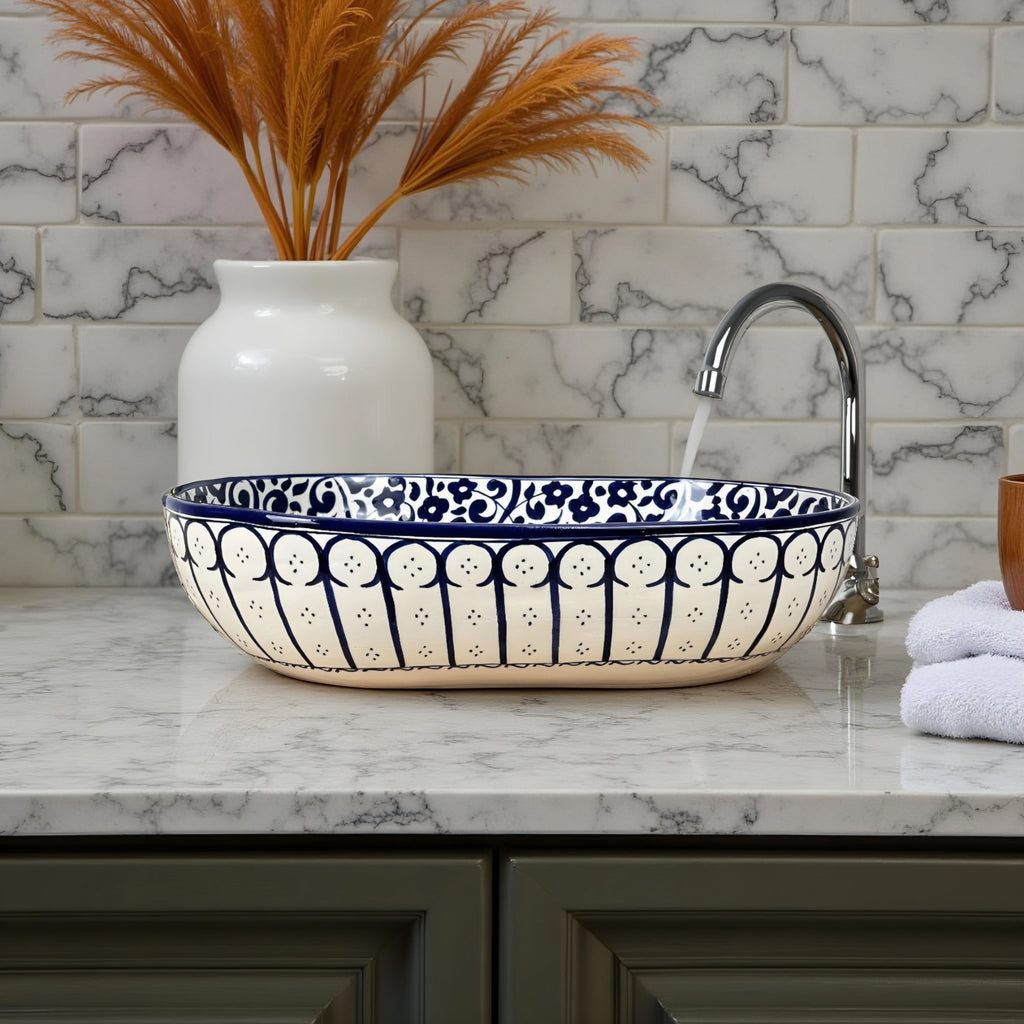 Handcrafted Blue & White Ceramic Oval Vessel Sink – Artisan Pattern Bathroom Basin