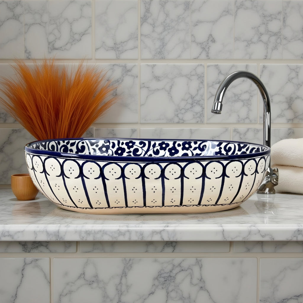 Handcrafted Blue & White Ceramic Oval Vessel Sink – Artisan Pattern Bathroom Basin