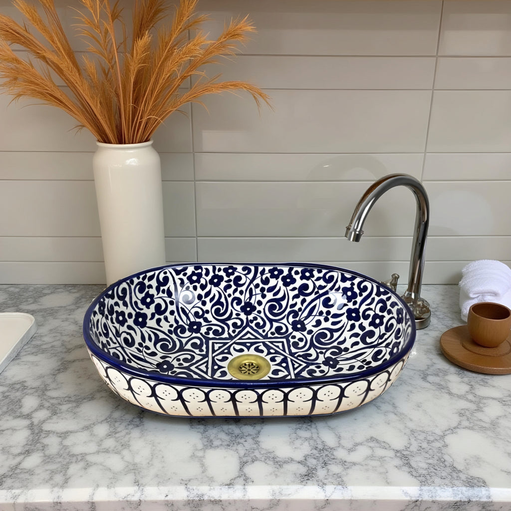 Handcrafted Blue & White Ceramic Oval Vessel Sink – Artisan Pattern Bathroom Basin