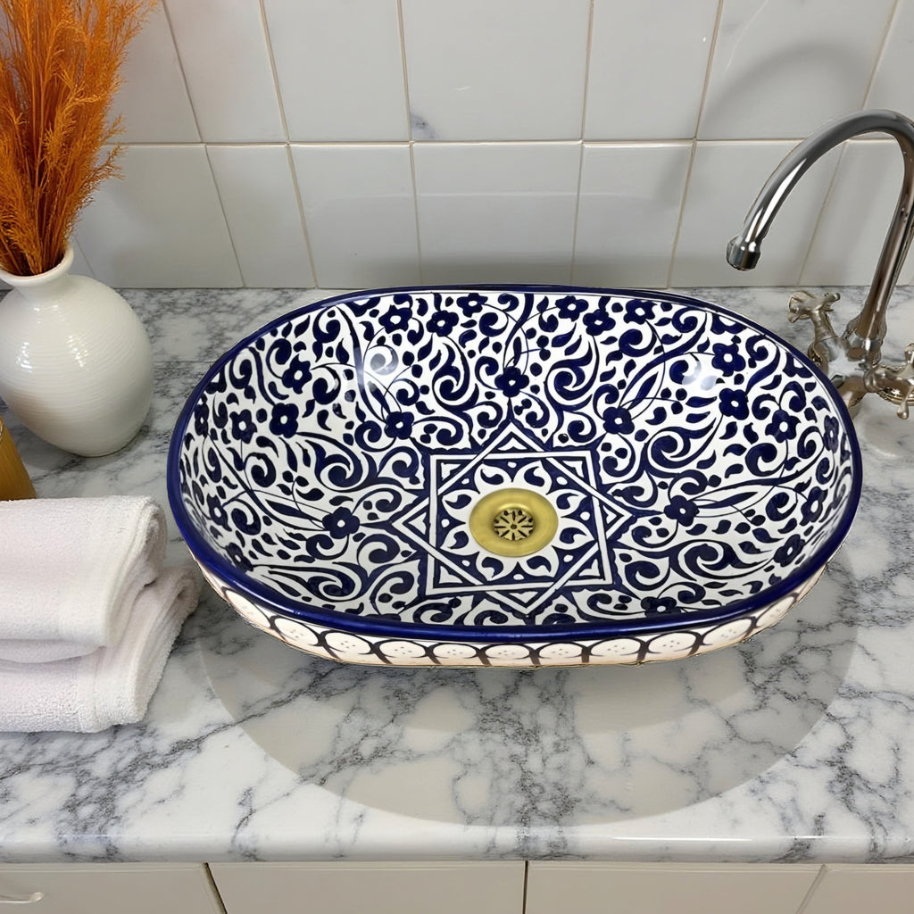 Handcrafted Blue & White Ceramic Oval Vessel Sink – Artisan Pattern Bathroom Basin