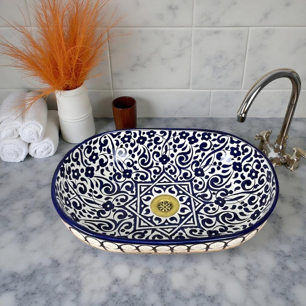 Handcrafted Blue & White Ceramic Oval Vessel Sink – Artisan Pattern Bathroom Basin
