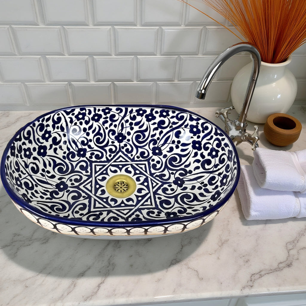 Handcrafted Blue & White Ceramic Oval Vessel Sink – Artisan Pattern Bathroom Basin