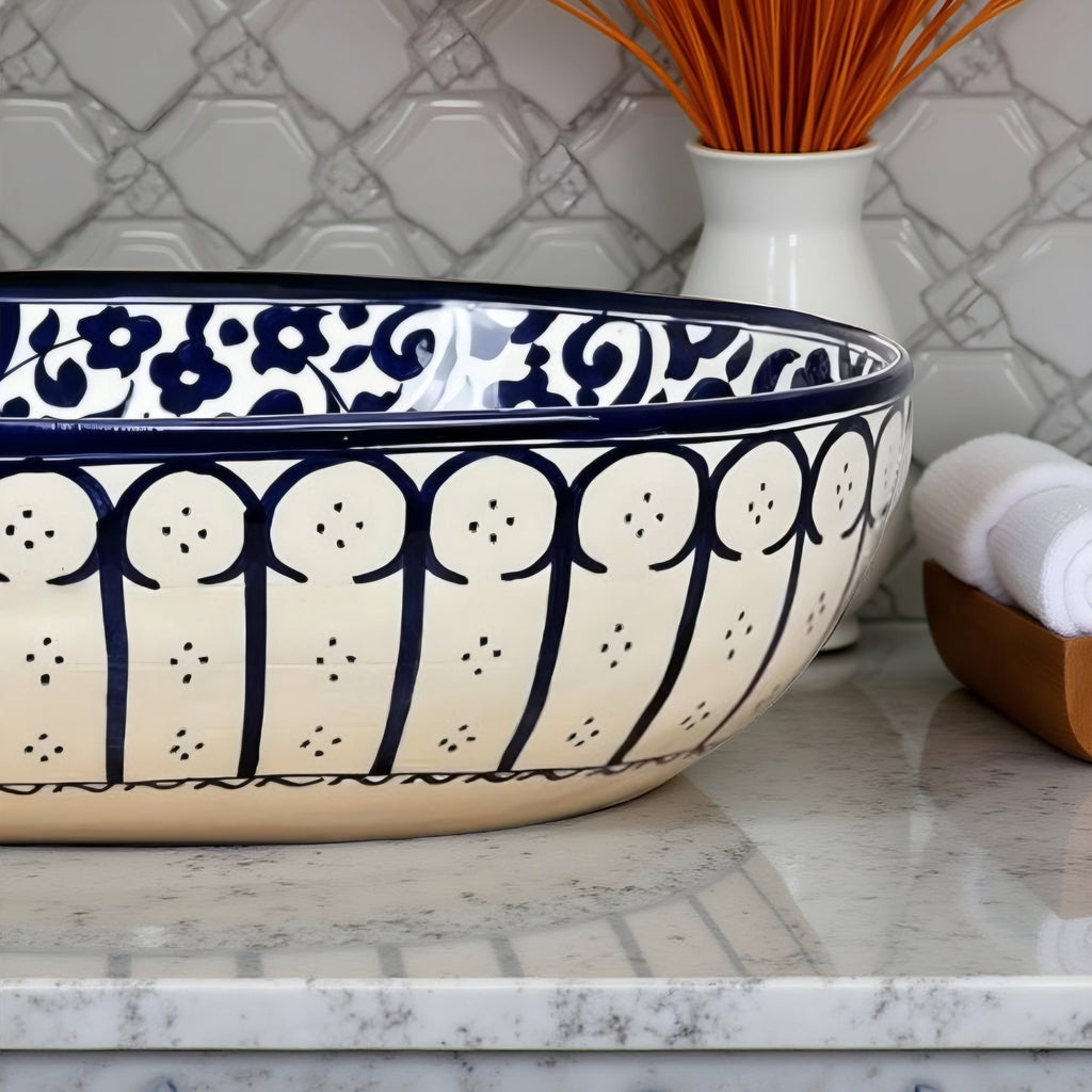 Handcrafted Blue & White Ceramic Oval Vessel Sink – Artisan Pattern Bathroom Basin