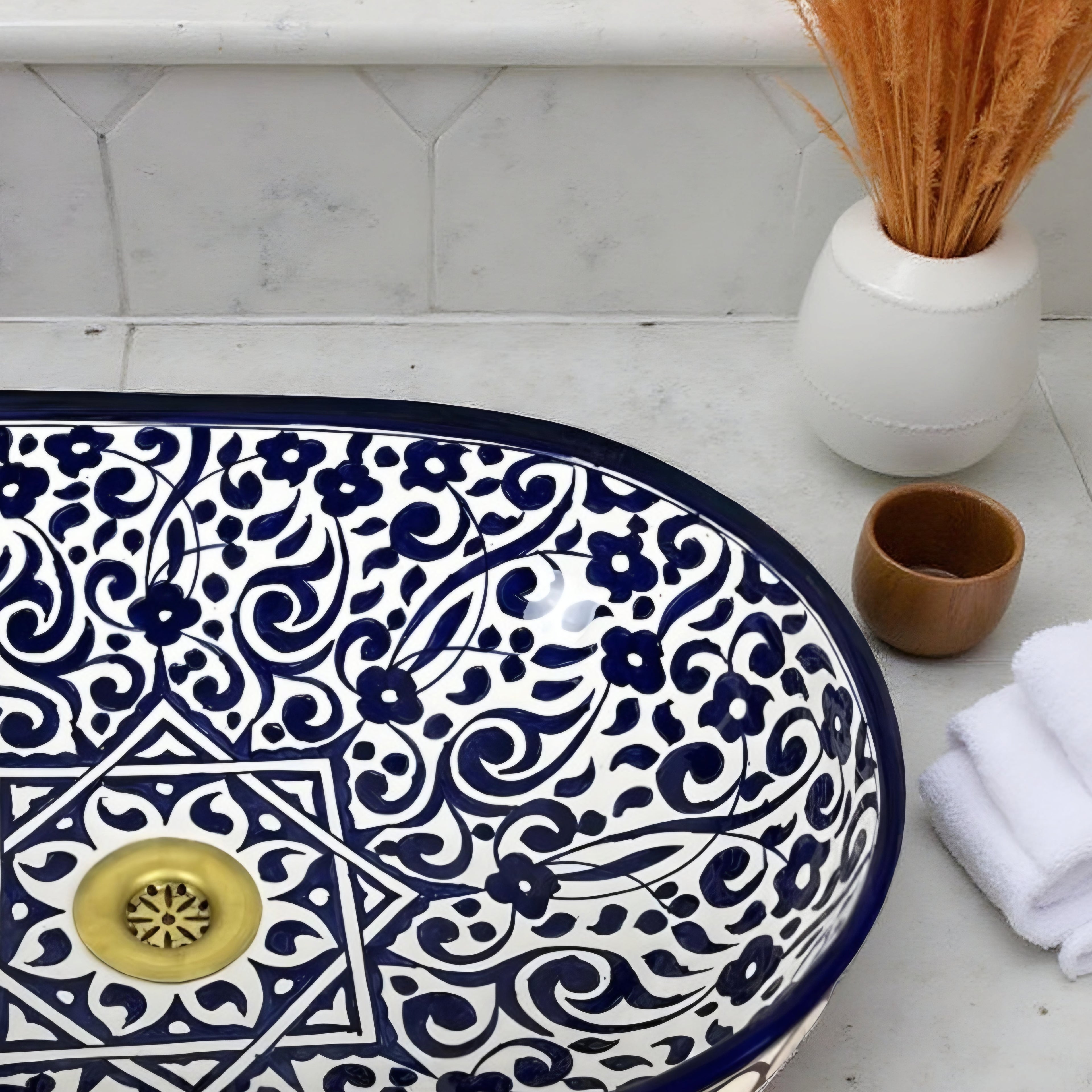 Handcrafted Blue & White Ceramic Oval Vessel Sink – Artisan Pattern Bathroom Basin