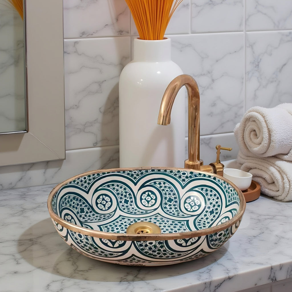 Handcrafted Moroccan Ceramic Vessel Sink – Teal Blue & White Geometric Bathroom Basin with Gold Rim | Luxury Wash Bowl