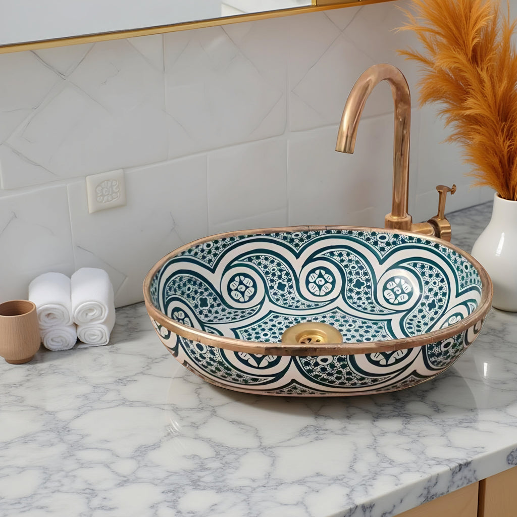 Handcrafted Moroccan Ceramic Vessel Sink – Teal Blue & White Geometric Bathroom Basin with Gold Rim | Luxury Wash Bowl