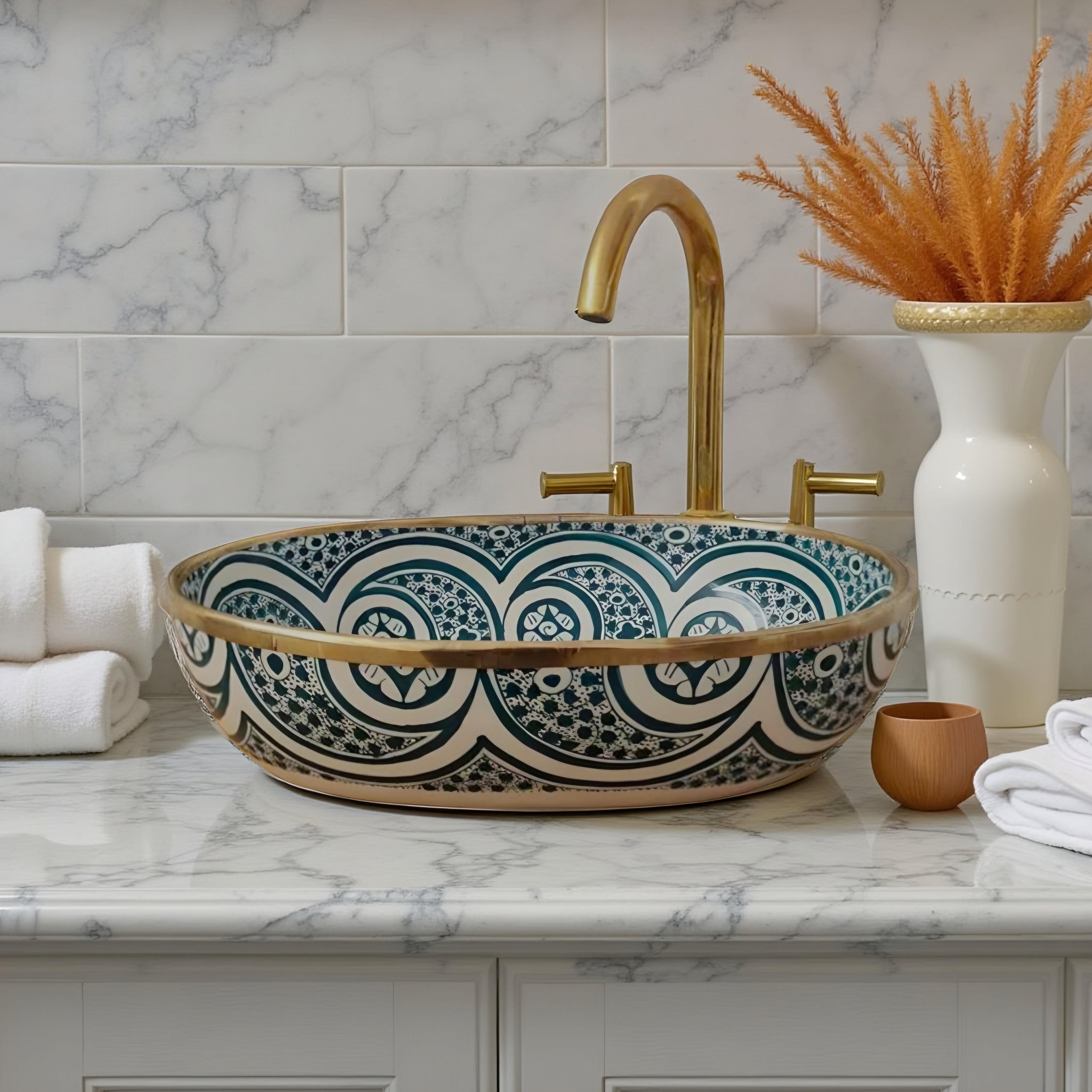 Handcrafted Moroccan Ceramic Vessel Sink – Teal Blue & White Geometric Bathroom Basin with Gold Rim | Luxury Wash Bowl