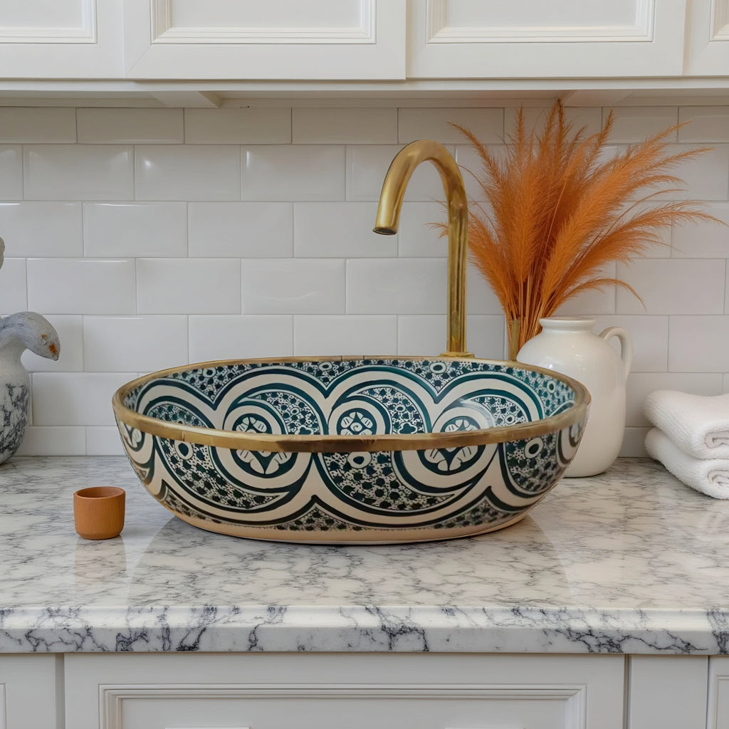 Handcrafted Moroccan Ceramic Vessel Sink – Teal Blue & White Geometric Bathroom Basin with Gold Rim | Luxury Wash Bowl