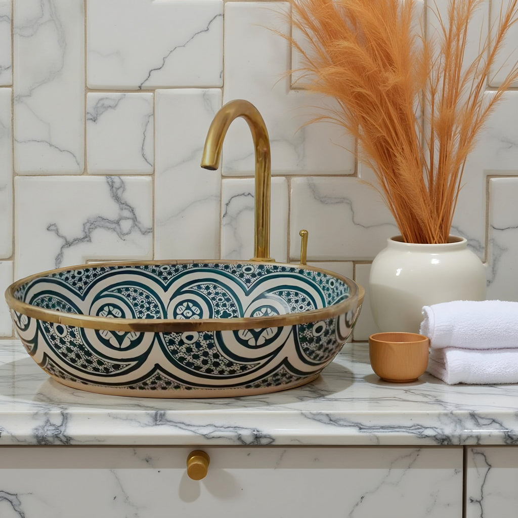 Handcrafted Moroccan Ceramic Vessel Sink – Teal Blue & White Geometric Bathroom Basin with Gold Rim | Luxury Wash Bowl