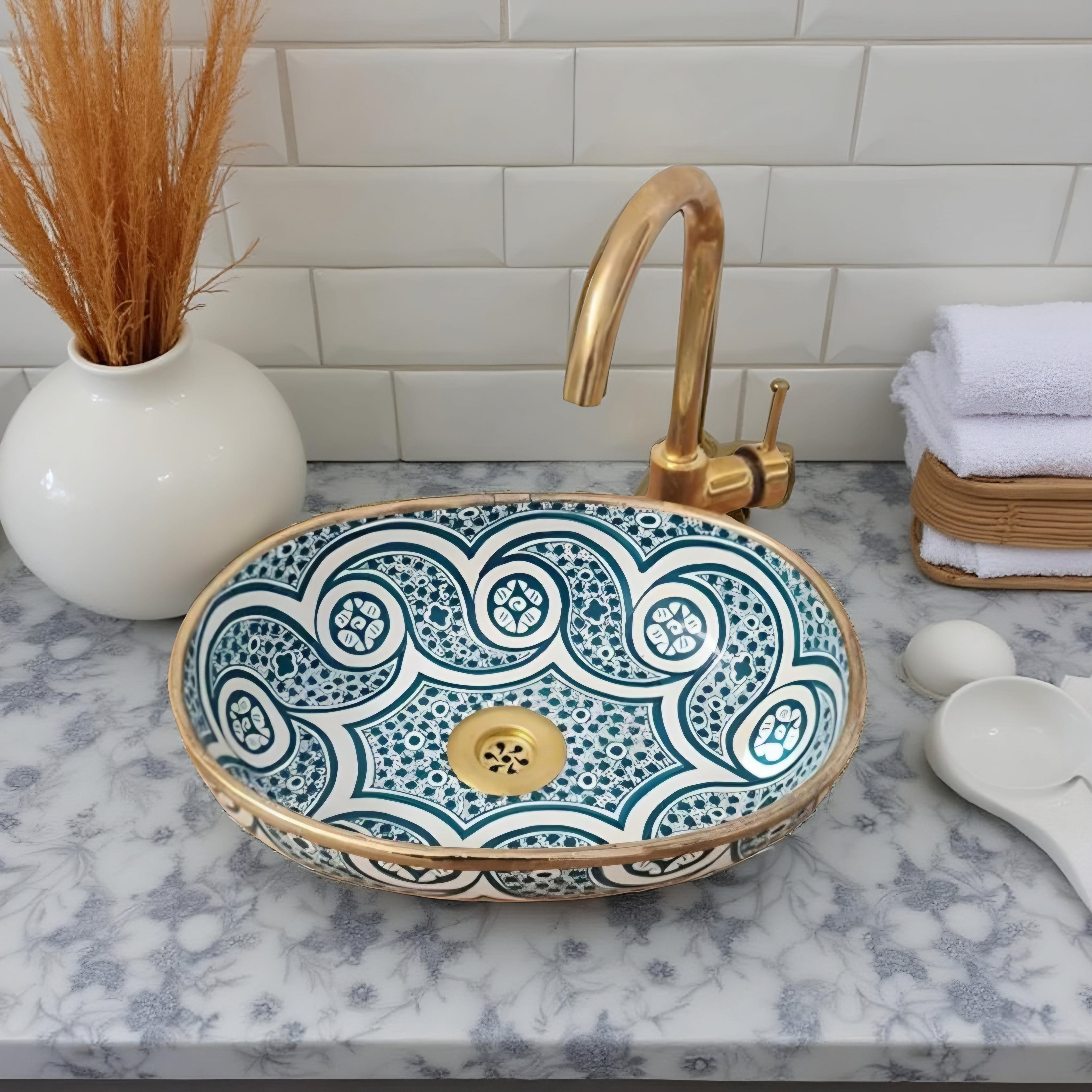 Handcrafted Moroccan Ceramic Vessel Sink – Teal Blue & White Geometric Bathroom Basin with Gold Rim | Luxury Wash Bowl