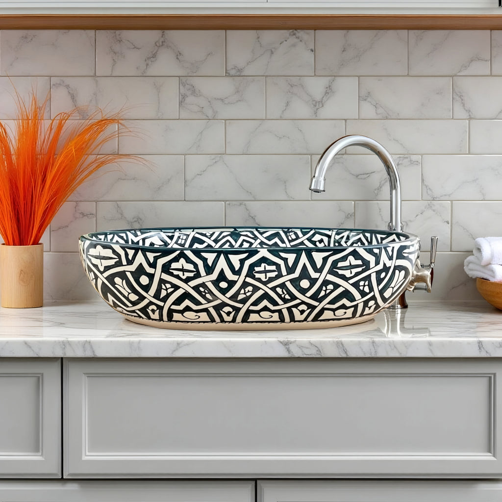 Oval Hand-Painted Moroccan Ceramic Vessel Sink – Green & White Artisan Bathroom Basin