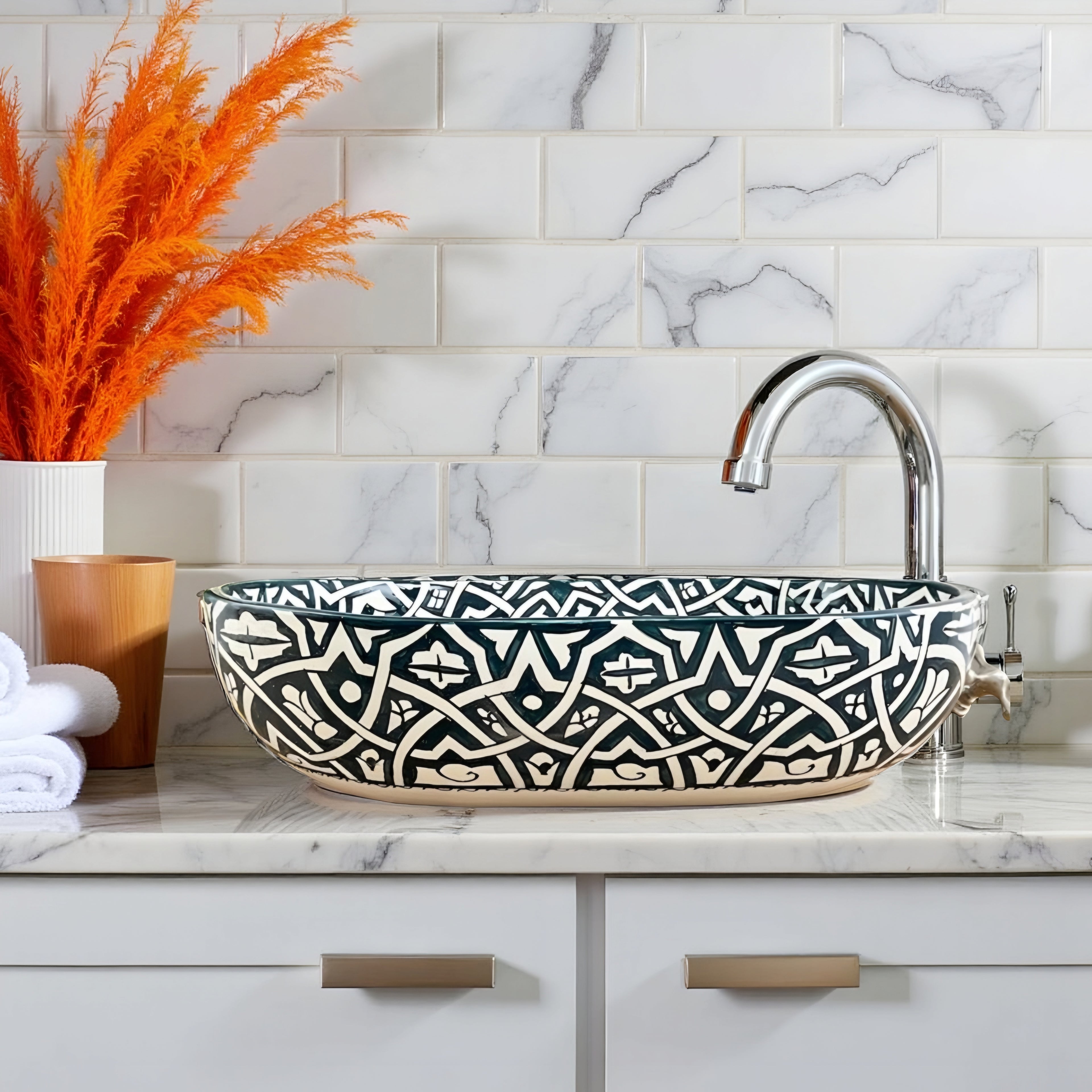 Oval Hand-Painted Moroccan Ceramic Vessel Sink – Green & White Artisan Bathroom Basin