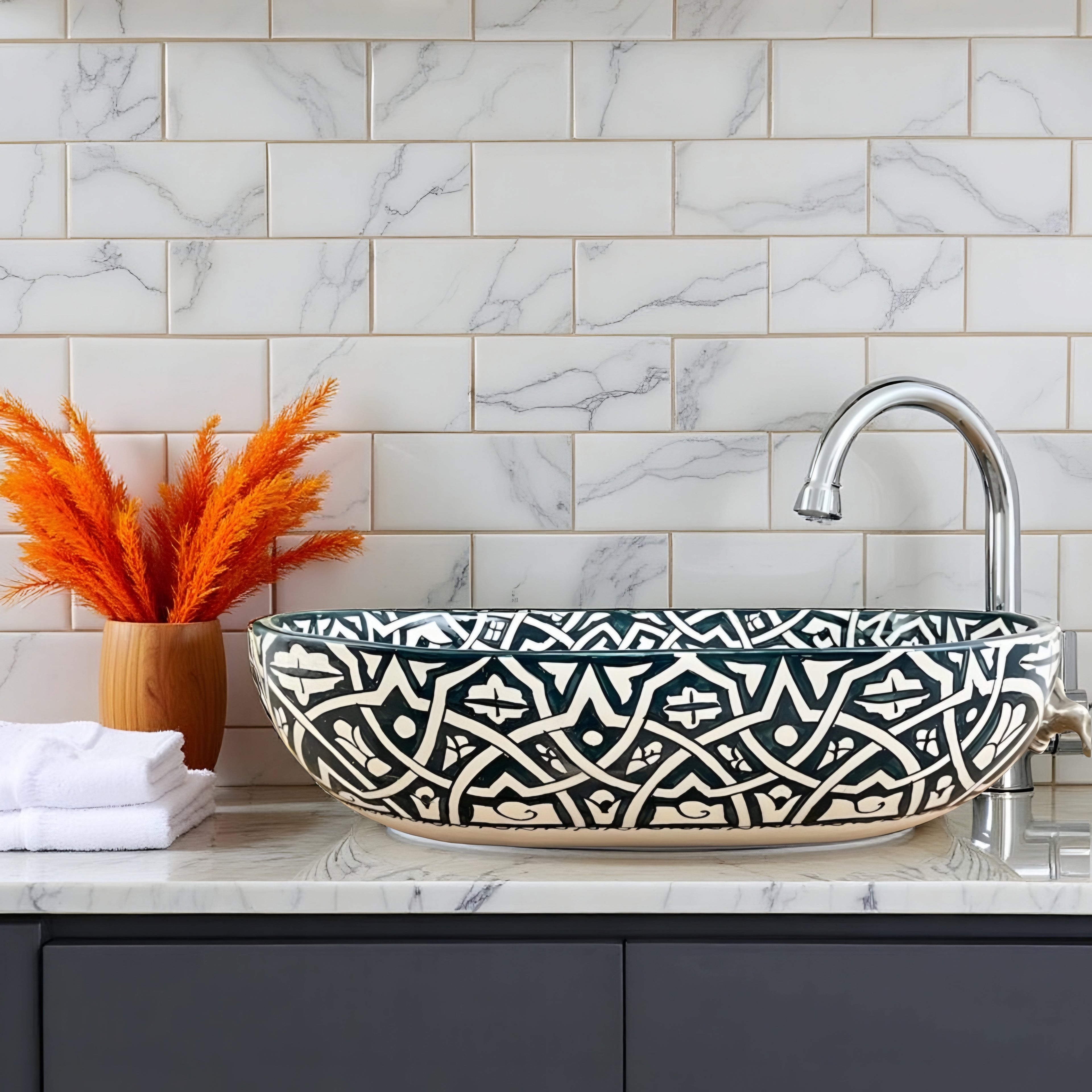 Oval Hand-Painted Moroccan Ceramic Vessel Sink – Green & White Artisan Bathroom Basin