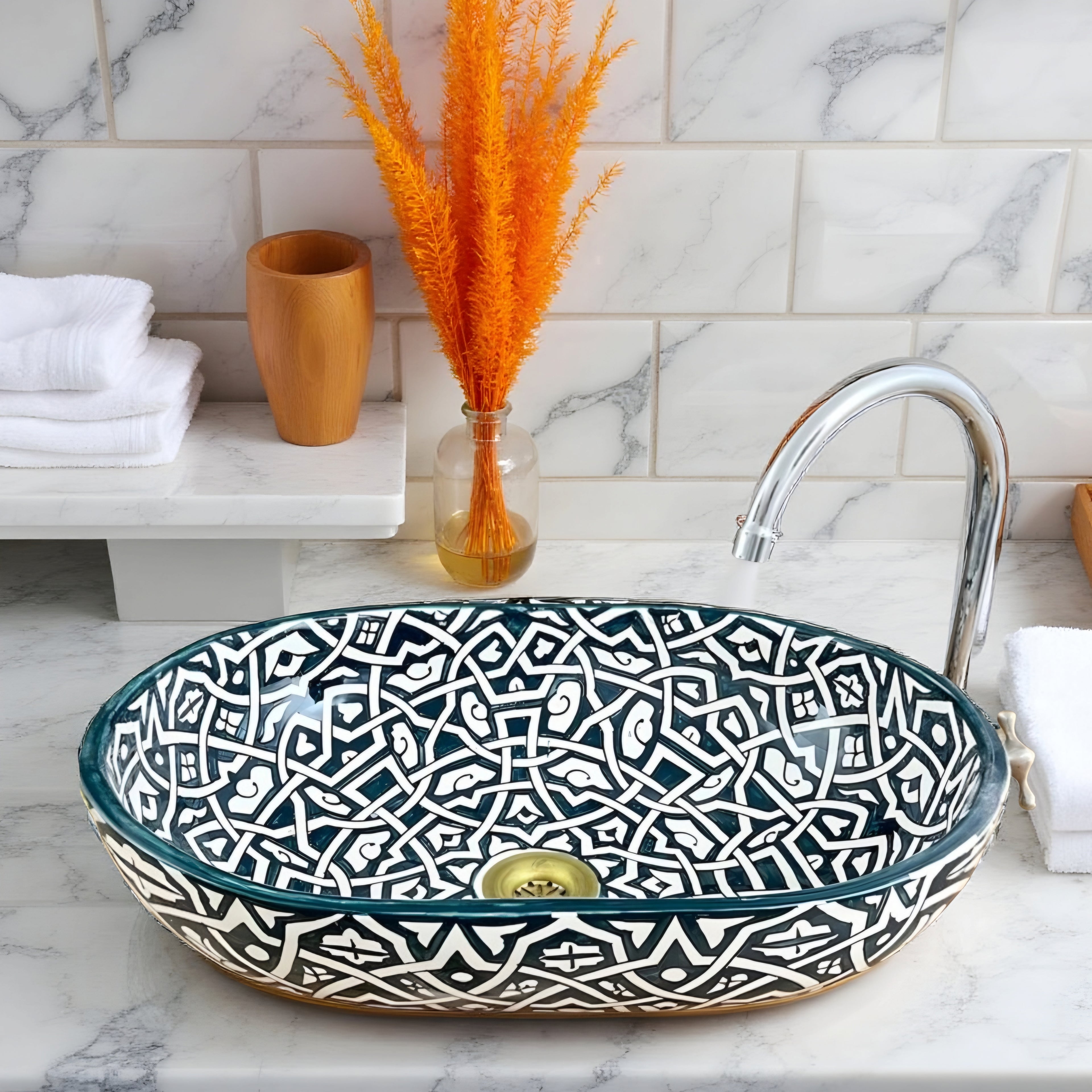 Oval Hand-Painted Moroccan Ceramic Vessel Sink – Green & White Artisan Bathroom Basin