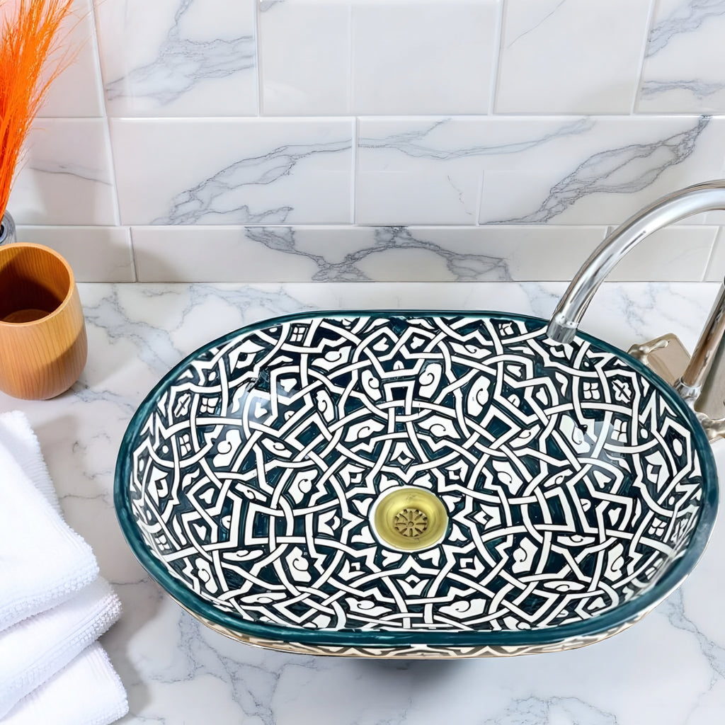 Oval Hand-Painted Moroccan Ceramic Vessel Sink – Green & White Artisan Bathroom Basin